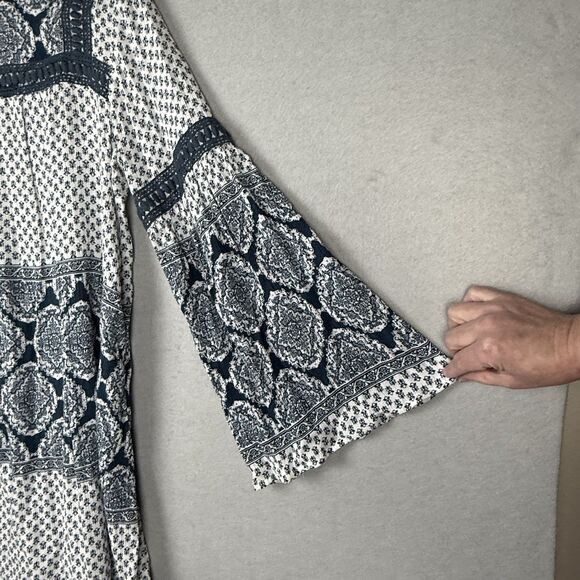 Knox Rose Womens S Loose Shift Dress Long Sleeve Cream Green Hippie Peasant - Picture 8 of 8